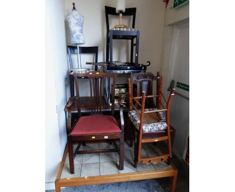 A parcel of furniture to include vintage oak drop leaf table, tile topped coffee table, various chairs, two small child sized