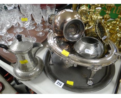 An Edwardian EPNS visor-type revolving tureen and a beaten pewter tray, jug and sugar basin, pair of brass planters and an EP