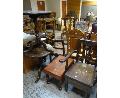 Two similar circular topped tripod tables, a commode chair and wash basin stand Condition reports provided on request by emai