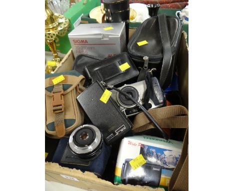A box of analogue cameras and binoculars, boxed Olympus digital compact camera ETC Condition reports provided on request by e
