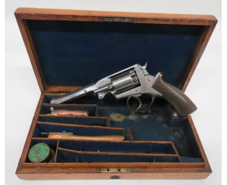 Original Cased Adams Patent Percussion Double Action Revolver by “W Richards” 54 bore, 6 inch, octagonal barrel. Left side wi