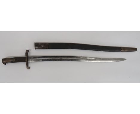 1858 Pattern Yataghan Bayonet 23 1/4 inch, single edged, Yataghan blade. Wide fuller. Unmarked fuller. Steel muzzle ring and 