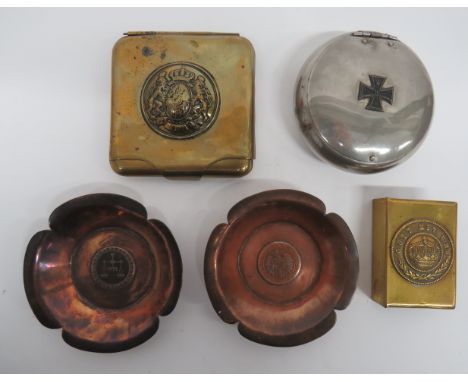 Small Selection of Imperial German Trench Art consisting square, brass, cigarette case.  The flip up lid with applied coat of