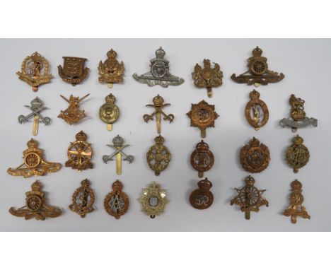 Selection of Corps Cap Badges including brass, KC ADC ... KC Army Cyclist Corps ... Brass Army Ordnance Corps ... Brass, KC I