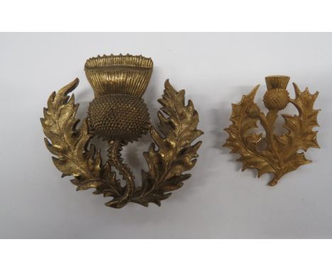 Victorian Royal Scots Fusiliers Helmet Plate gilt brass thistle with two outer leaves.  3 rear loops.  Together with a Queens