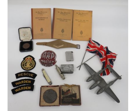 Small Selection of Home Front Items including cast alloy, ARP Warden London, door plaque ... 1941 dated, white metal whistle 