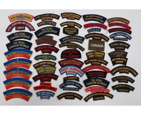 Good Selection of Canadian Shoulder Titles various periods.  Embroidery examples include The Royal Canadian Regiment ... Roya