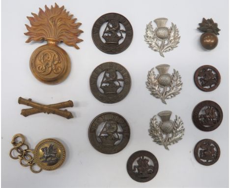 Selection of Various Badges including gilt flaming grenade with “GR” to the ball ... Welsh dragon cloak fastener ... Gilt, cr