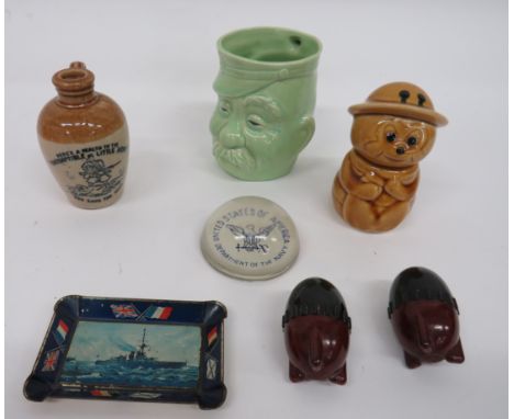 Small Selection of Patriotic Items consisting green glazed “Old Bill” character mug ... Small cider jar with printed “Here’s 