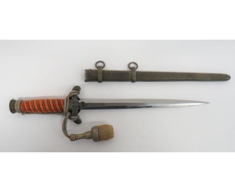 German Third Reich Army Officer’s Dagger and Knot 10 1/4 inch, double edged blade. White metal crossguard with eagle and swas