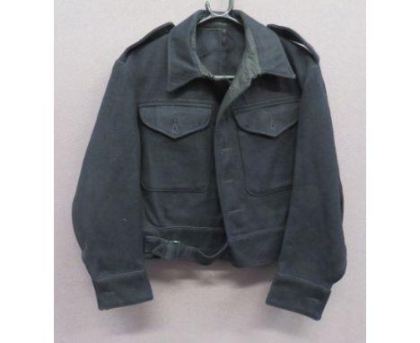 WW2 ARP Battle Dress Jacket dark blue, woollen, single breasted, closed collar, short jacket. Lower belt. Patch chest pockets