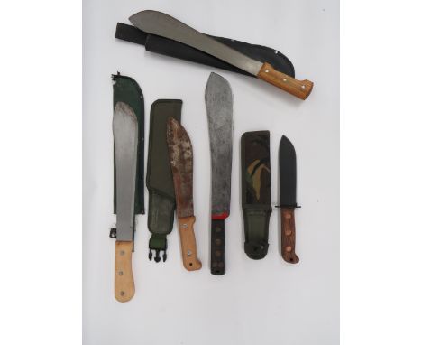 Selection of Various Machetes  consisting current survival knife.  7 inch, single edged, blackened blade by “Web-Tex”.  Oval 