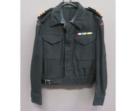 Merchant Navy Officer’s Battle Dress Tunic and Trousers black woollen, single breasted, closed collar, short tunic.  Lower be