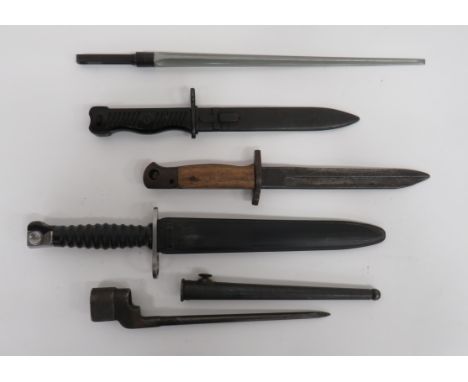 Five Various Bayonets consisting Swiss M1957 Sig Assault Bayonet.  9 1/2 inch, double edged blade.  Steel muzzle ring, crossg