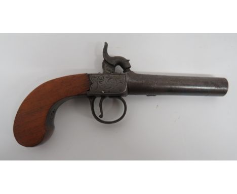19th Century English Percussion Pocket Pistol 50 bore, 3 inch, turn off, smoothbore barrel.  Flat side body with foliage engr