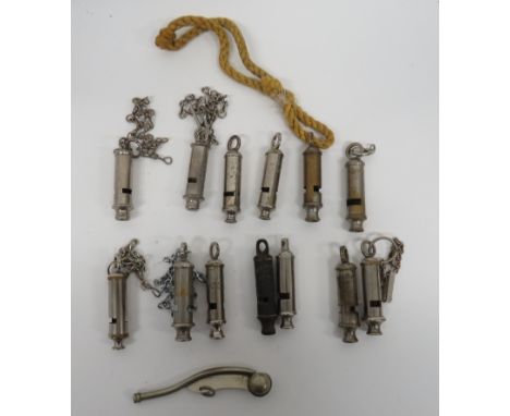 Selection of Various Whistles including bosun’s whistle.  Broad arrow marked ... 3 x tubular, ARP examples ... 4 x tubular, A