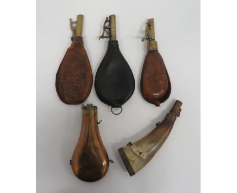 Small Selection of Various Flasks consisting mid 19th century powder horn.  Flattened cow horn flask.  Oval, brass base.  Bra