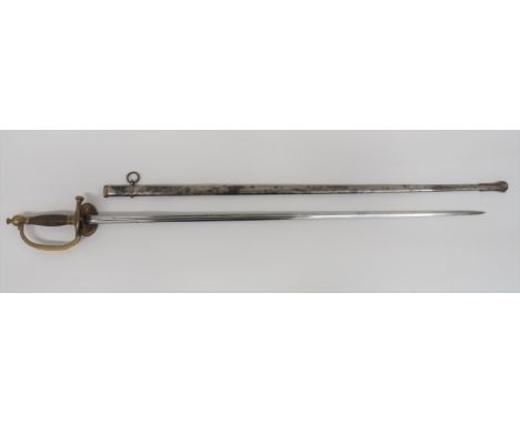 Mid 19th Century French Officer’s Sword 34 inch, double edged, narrow blade.  Double fullers with raised central rib.  The fo