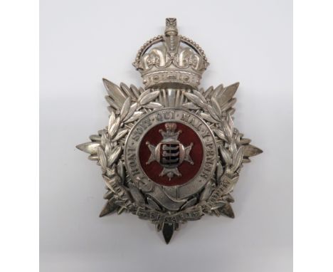 Post 1901 Cinque Ports Sussex Regiment Officer’s Helmet Plate silvered, Kings crown backing star.  Silvered, overlaid laurel 