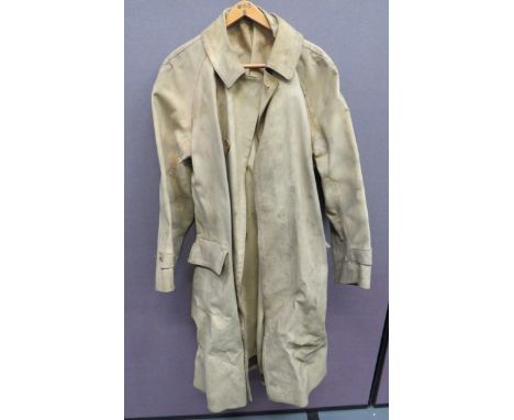 WW1/WW2 Officer’s Trench Overcoat light khaki, rubberised cotton, single breasted, long coat.  Turn over collar.  Hidden lowe
