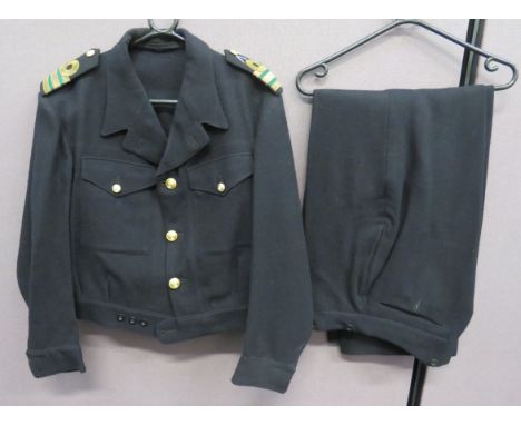 Royal Navy Officer’s Battle Dress Jacket and Trousers dark blue, woollen, single breasted, open collar, short jacket. Lower b