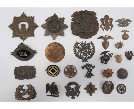 Selection of Various Badges Including American  including silvered and gilt USMC ... Brass US eagles ... White metal US Mail 