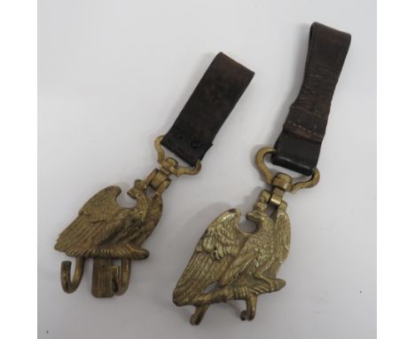Two Imperial German Drum Hangers cast brass, Imperial eagles with lower hook mount.  Top, swivelling bracket fitted with leat