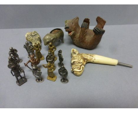 Mixed Lot including Black Forest Bear, Two Dog Head Walking Stick Handles, Elephant Pin Cushion (a/f), etc