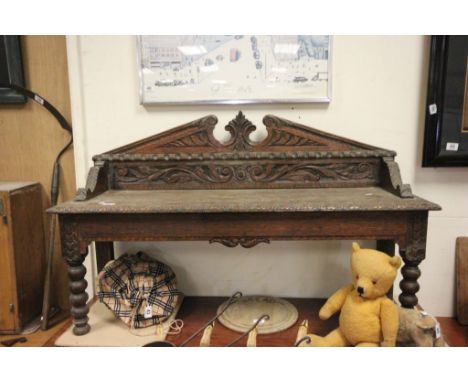19th century Oak Hall Bench with ornate carved backrail and bobbin front legs