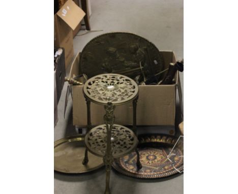 Box of mixed metalware to include; brass trays, trivet, fireside items. egg timer, pewter, copper