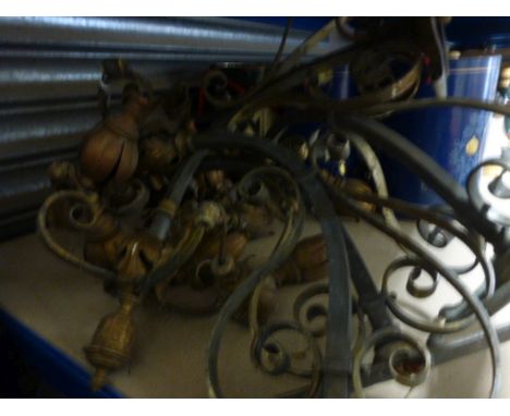 Three Vintage Wrought Iron Wall Light Brackets with coppered petal effect sconces