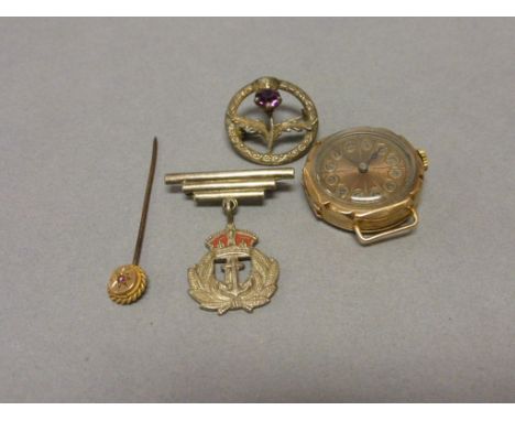 Hallmarked 9ct gold ladies watch and stick pin, plus 2 hallmarked silver brooches