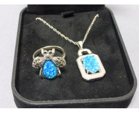 Silver CZ and blue opal ring and matching necklace (2)