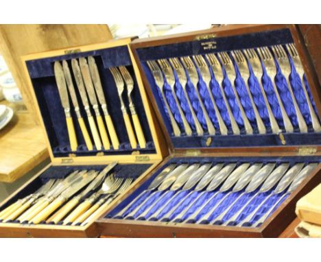 Wooden Cased Walker & Hall Silver Plated Fish Knife & Fork Set together another Cased Fish Knife and Fork Set