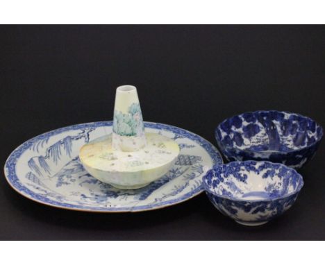 Chinese blue and white charger, 2 Chinese blue and white bowls and a hand painted ceramic table centrepiece