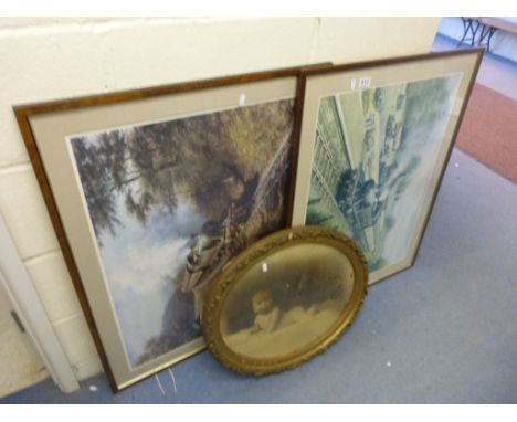 Two Framed and Glazed Don Breckon Steam Engine Prints plus an Oval Gilt Framed Picture