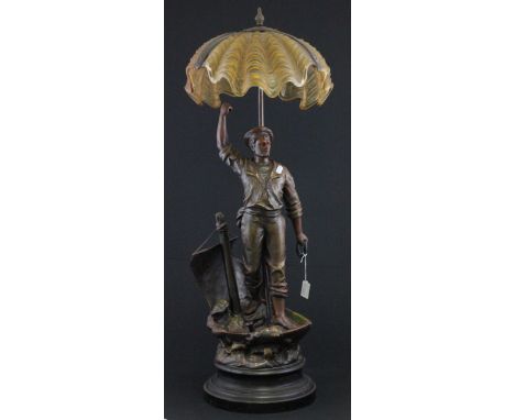 Impressive Bronzed effect Nautical themed lamp with glass clamshell shade and wooden base marked Becheua