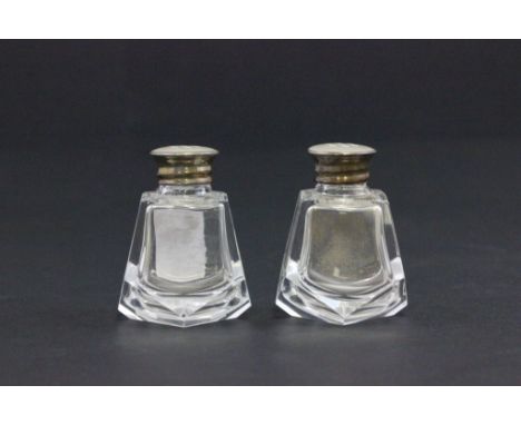 Pair of Art Deco Glass Condiments, each with Sterling Silver and Mother of Pearl Lids