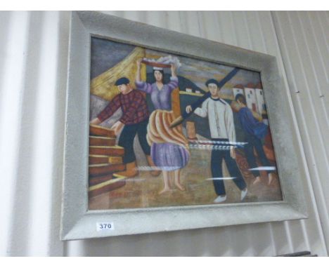 Interesting oil painting portrait of basque fisher folk on a quay side