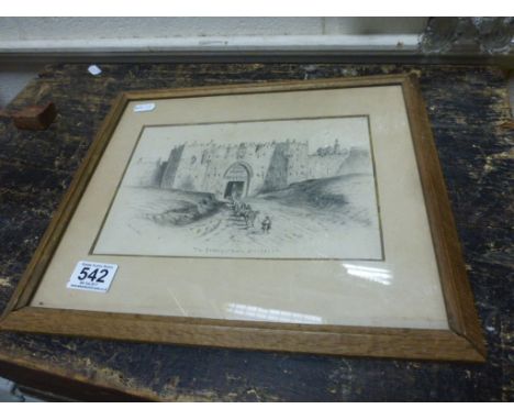 Pencil sketch 'The Damaseus Gate' Jerusalem signed C.Pitt Jan 1897 