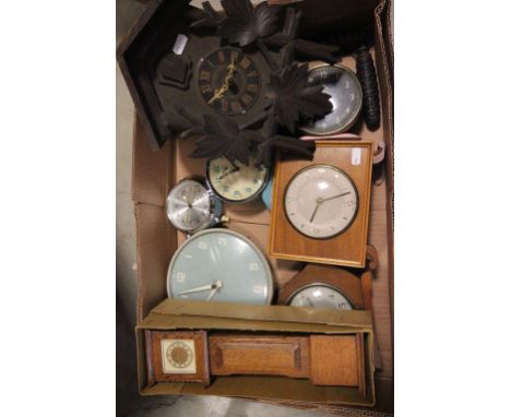 Oak Cased Cuckoo Clock, Oak Cased Clock in the form of a Miniature Longcase Clock together with Six Retro Clocks including Sm
