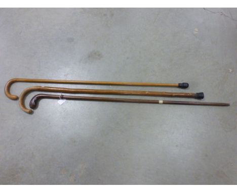 Malacca Walking Stick, Turned Wood Walking Stick and another Walking Stick