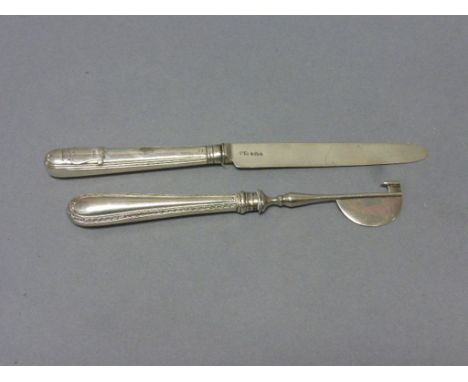 Silver handled tool, possibly orange peeler, Elkington & Co patent plus a silver handled knife