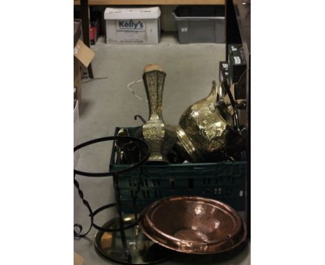 Box of mixed vintage copper and brass items to include; vases converted to lamps, coal scuttle, ladle, jugs etc