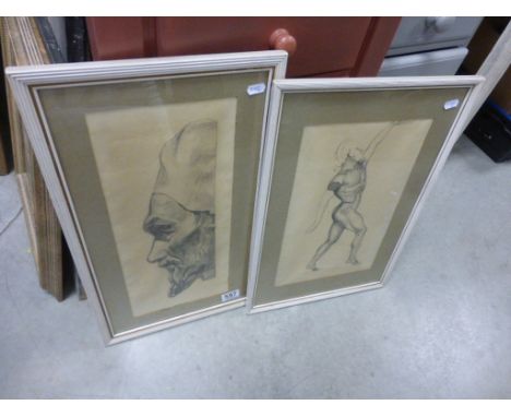 Pair of 1930's figural academic pencil portrait studies framed