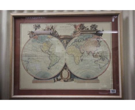 Large hand coloured print 'Mappe Monde Ou Description du Globe Terrestre' after Janvier decorative map of the world