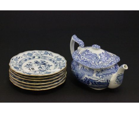 A set of six Meissen onion pattern dishes, along with a Spode teapot 