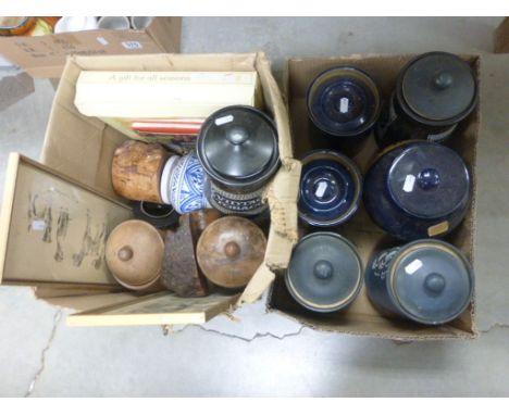 Two Boxes containing Ceramic Storage Jars together with Pictures, etc