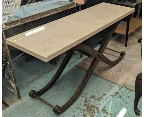 CONSOLE TABLE, 160cm L x 81cm H x 50cm D with a rectangular marble top on shaped, scrolled 'X' framed supports. 