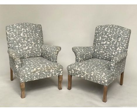 ARMCHAIRS, a pair, arched with button back and scroll arm printed grey upholstery, 70cm W. (2) 